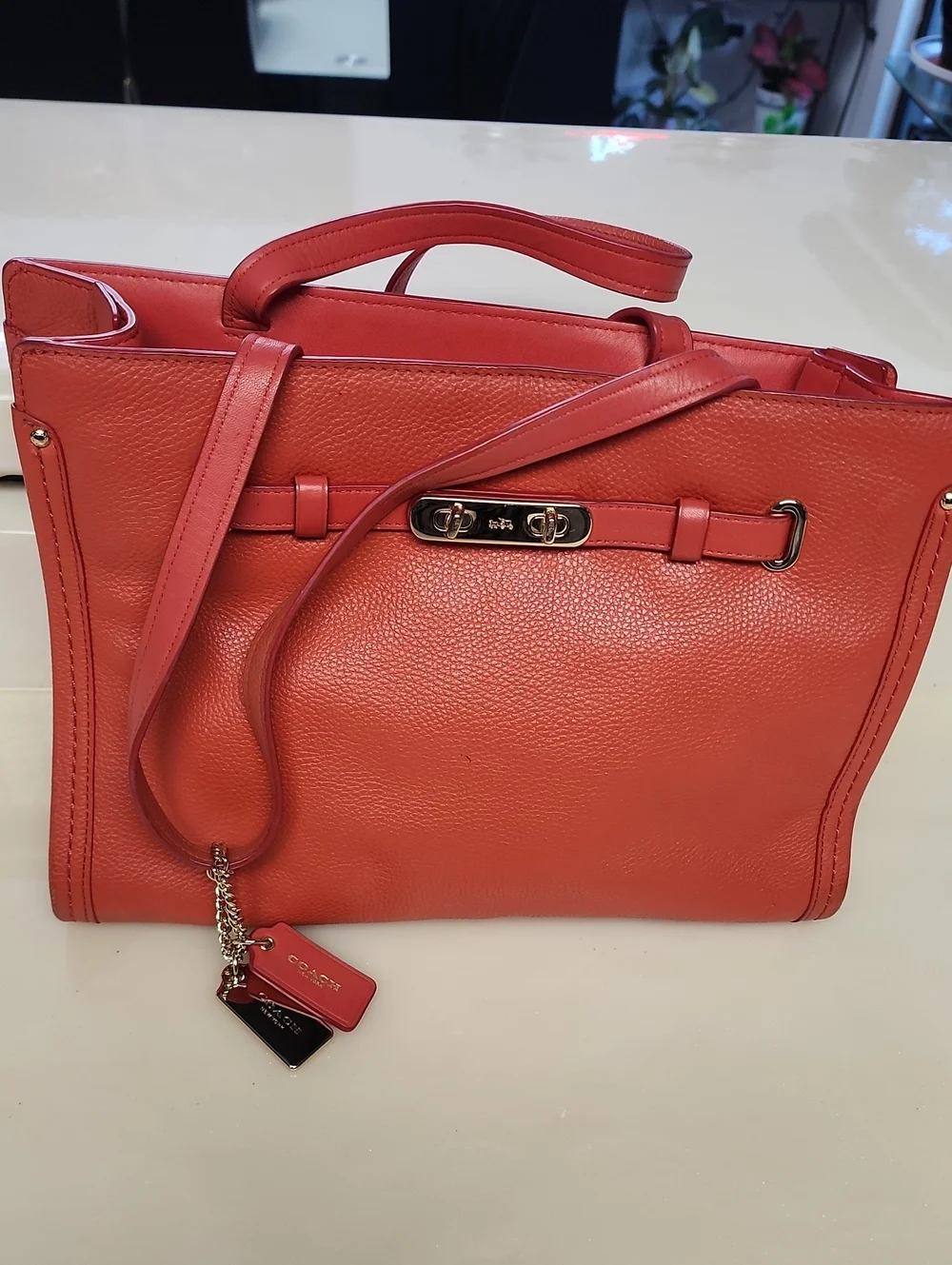 Coach Coral Red Pebbled Leather Tote with Gold Hardware